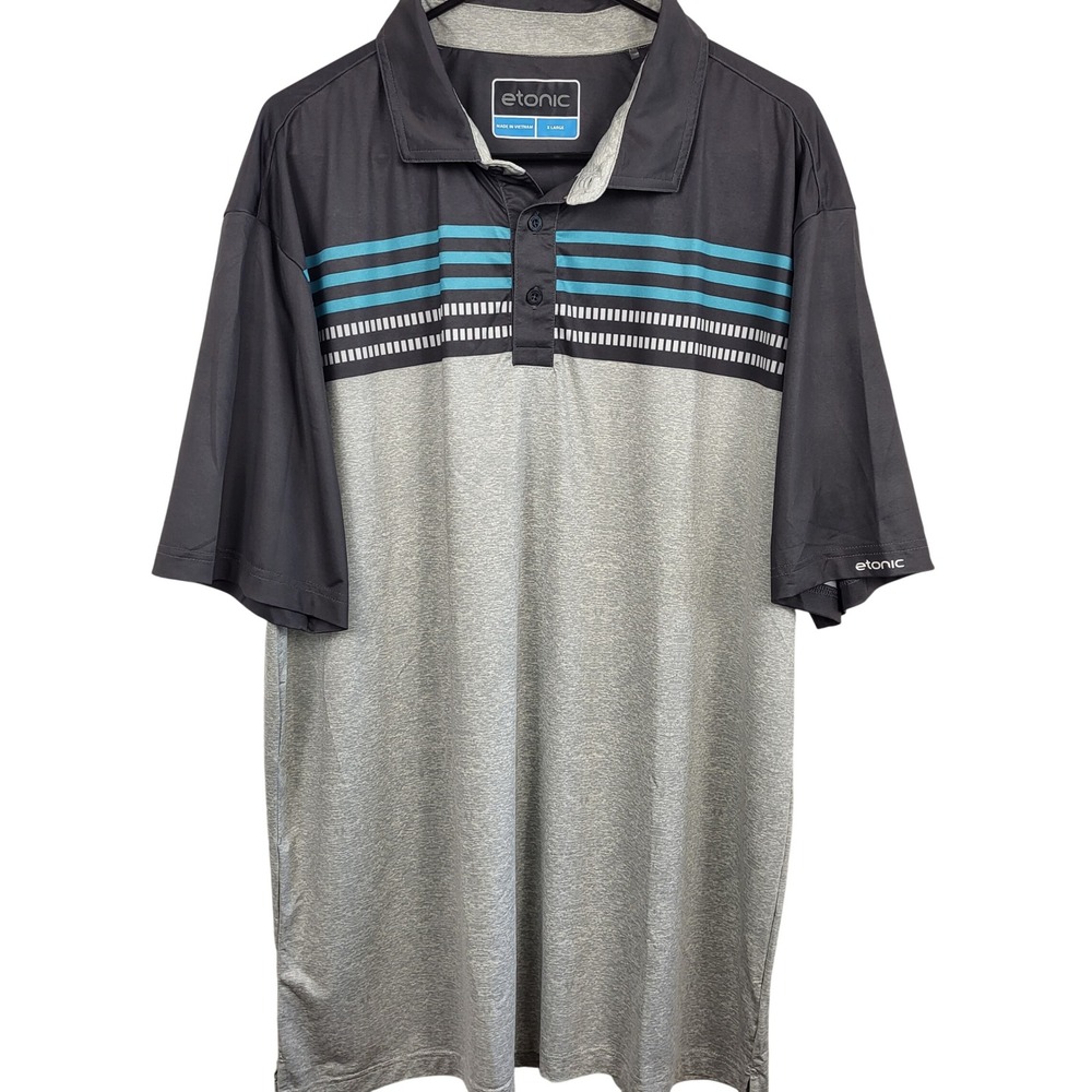 Etonic Golf‎ Polo Shirt Mens XL Gray Blue Striped Performance Short Sleeve